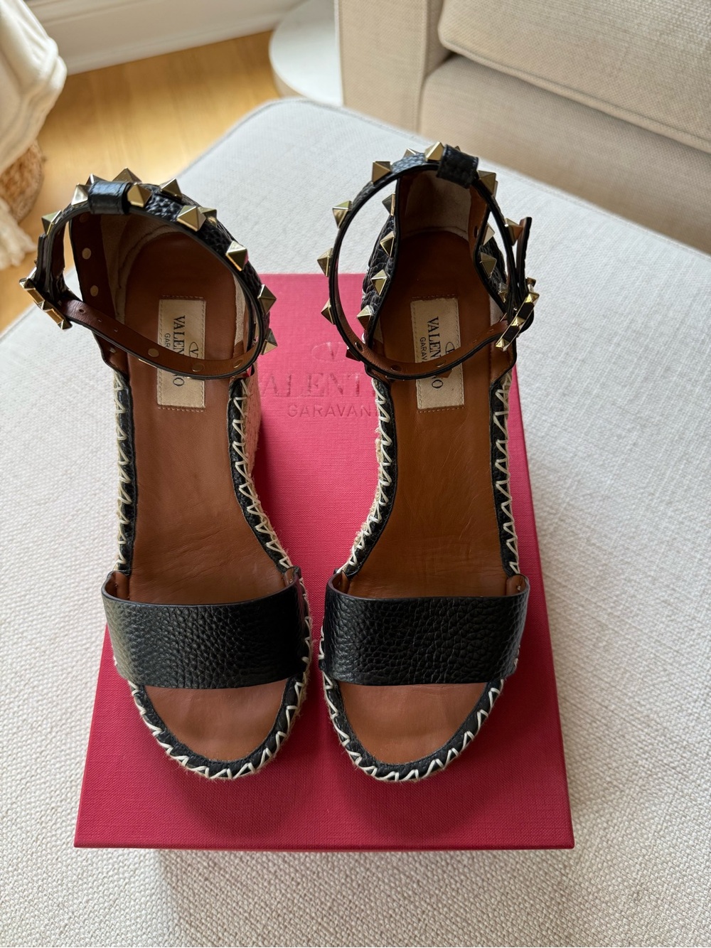 Valentino Black Leather Espadrille Wedge Sandals with Gold Studs